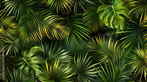Fototapeta Lush green tropical leaves create vibrant and lively background, showcasing various textures and shades of green. Perfect for nature themed designs