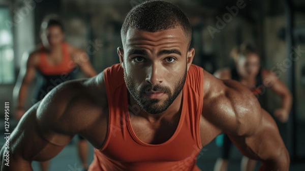 Fototapeta Strong man performing burpees with focus and determination, surrounded by friends in gym, showing teamwork and healthy life