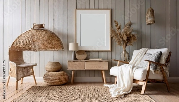 Obraz 3D Rendered Frame Mockup in a Cozy Farmhouse Living Room Interior, Warmth and Character Abound with Rustic Charm at Twilight