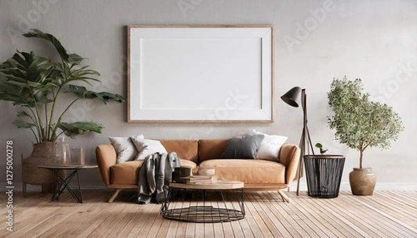 Fototapeta Industrial Loft Living Room Frame Mockup Underneath a Cool, Industrial Style 3D Render, Showcasing an Artistic Symphony of Metal, Glass, and Concrete Elements in a Sophisticated Ambience.