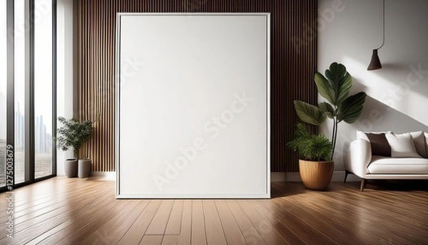 Fototapeta Modern Living Room Wall Poster Mockup in Sleek Frame, Showcasing a Minimalistic yet Energetic Modern Interior Design, Transforming a Blank Canvas into an Exciting Focal Point for Contemporary