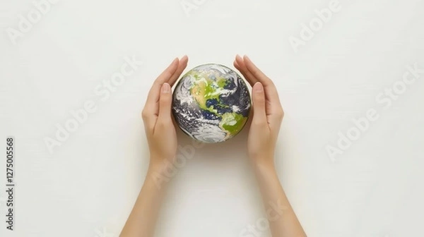 Fototapeta Minimalist 3D Rendering of Two Hands Gently Holding a Globe Representing Earth and Environmental Awareness