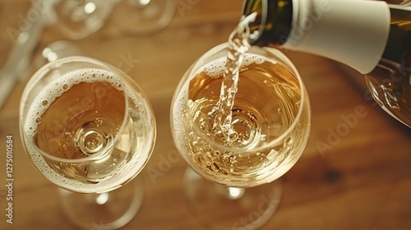 Obraz Two glasses of white wine poured elegantly, capturing simplicity and refined taste.
