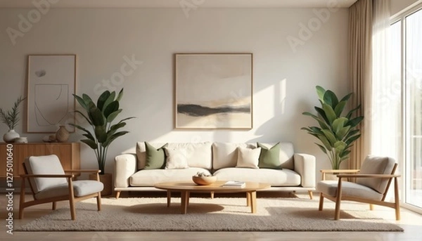 Fototapeta Minimalist living room interior with neutral color palette. Modern sofa with pillows, round wooden coffee table, armchair, green plants in pots, abstract art on wall, sunlight through curtains.