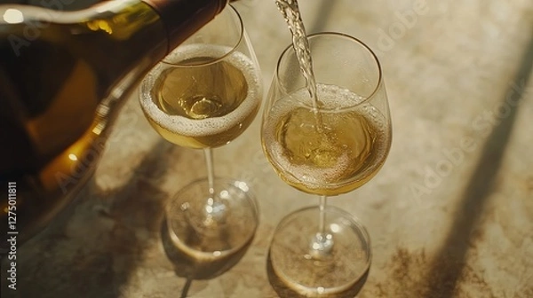 Obraz Two glasses of white wine poured elegantly, capturing simplicity and refined taste.
