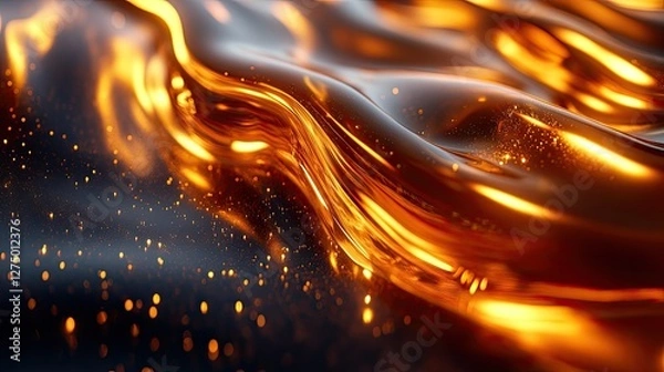 Fototapeta Abstract liquid gold, flowing waves, dark background. Possible use Product, technology, or design inspiration