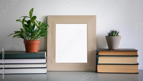 Obraz Vintage Bookcase with Potted Fiddle Leaf Fig in a Rustic Frame Warm Tones and Textured Details, Ideal for Interior Design Enthusiasts or Art Lovers