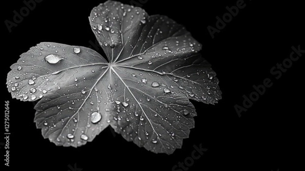Fototapeta Close-up grayscale leaf with water droplets. Nature macro photography. Possible use Stock photo