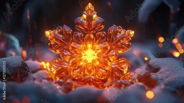 Fototapeta Glowing Snowflake in Fire and Snow