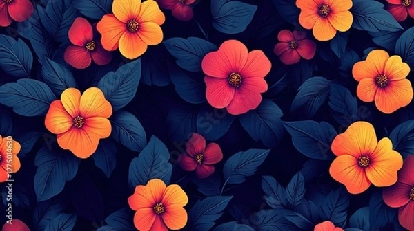 Fototapeta Floral pattern background, vibrant colors, dark backdrop, decorative, graphic design, wallpaper, print, poster