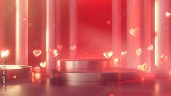 Fototapeta 52.Symmetrical display of podiums with clean lines, set within a romantic Valentineâ€™s Day scene of floating hearts, glowing light accents, and a soft red gradient background.