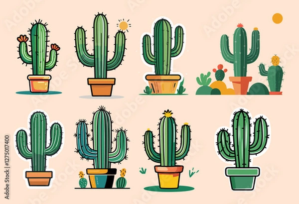 Fototapeta Icons sets collection of cartoon style cacti in colorful pots, each uniquely designed and set against a light peach background, showcasing playful and vibrant elements
