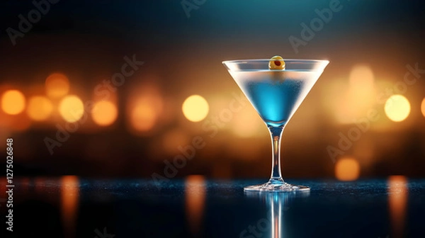Fototapeta A visually striking blue cocktail garnished with an olive, surrounded by soft, blurred lights, creating a vibrant nightlife atmosphere.