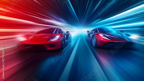 Fototapeta Dynamic shot of two high-speed cars racing in vibrant colors, capturing the essence of speed and adrenaline.
