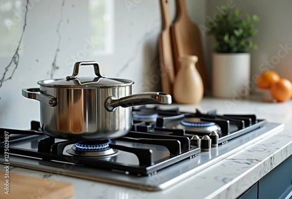 Obraz Side View of Boiling Steel Pot on Modern Stove: Neatly Arranged Shot in a Contemporary Kitchen Setting with Granite Counter, Ideal for Cookware Advertisements, Kitchen Design Blogs, and Culinary Demon