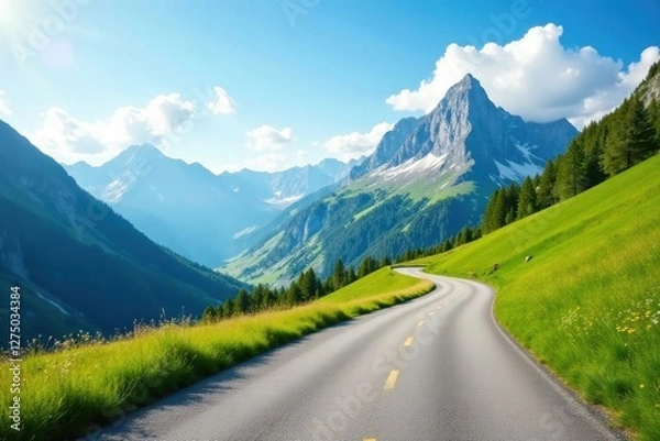 Fototapeta Asphalt Pathway Winding Through Verdant Meadows Towards Majestic Mountain Peaks Under a Sunny Sky