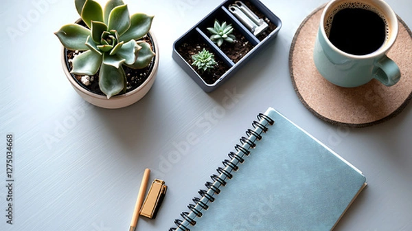 Obraz A blue notebook sits on a table with a cup of coffee and a pen. generated using AI