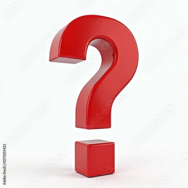 Fototapeta 3d illustration of shiny red question mark with shadow on white background. Symbol represents asking, uncertainty, faq, inquiry, quiz, problem, solution, answer. Sign for business, education, web.