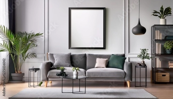 Fototapeta Elegant Modern Living Space with Vertical Black Frame, Enhancing Minimalist Design and Embracing Chic Ambiance