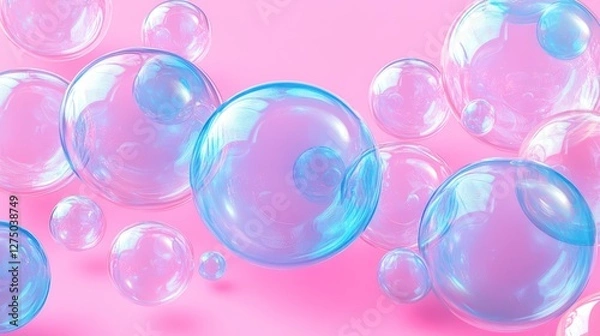 Obraz Iridescent Bubbles Floating On Pink Background