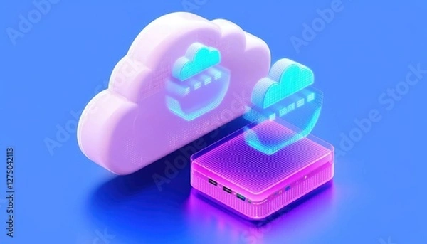 Fototapeta A vibrant, futuristic image showcasing a cloud symbol and a data storage device, illuminated in neon pink and blue against a bright background.