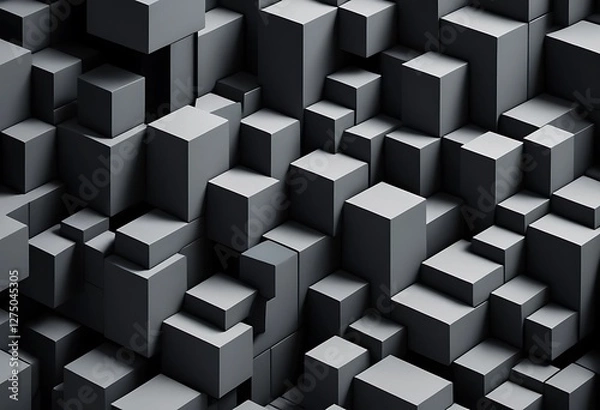 Fototapeta A Dynamic Geometric Landscape of Asymmetrical Gray Cubes