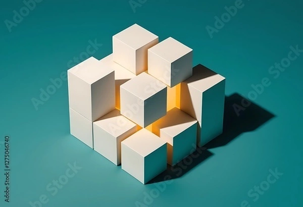Fototapeta Minimalist arrangement of white cubes with golden glowing core effect