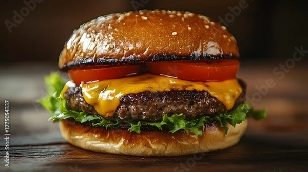Fototapeta Close Up of Delicious Cheeseburger with Tomatoes Lettuce and Melted Cheese on Rustic Wooden Table