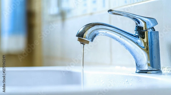 Fototapeta Close-up of a leaking faucet dripping water onto a white porcelain sink, highlighting the urgency of fixing a product issue.
