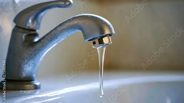 Obraz Close-up of a leaking faucet dripping water onto a white porcelain sink, highlighting the urgency of fixing a product issue.