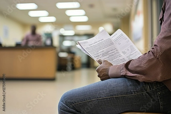 Fototapeta A man in a waiting room clutches his unemployment documents, listening as names are called
