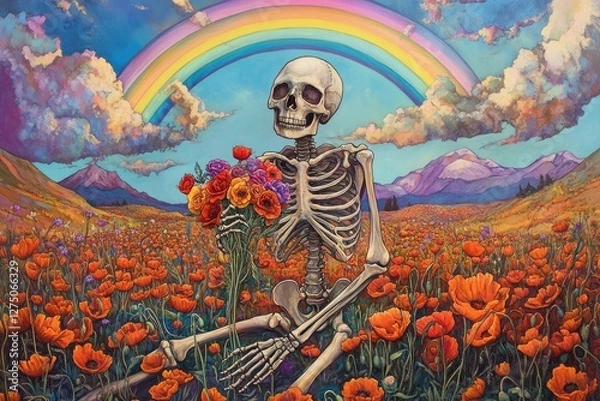 Fototapeta Skeleton Holding Flowers in Poppy Field Rainbow Sky