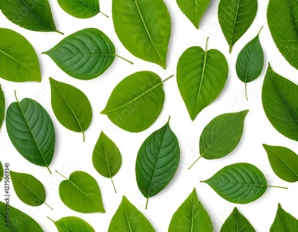 Fototapeta Green Leaves Pattern on White Background