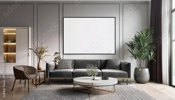 Fototapeta 3D Illustration of Modern Interior Poster Frame Mockup with Stylish Furniture Decoration Vibrant, Minimalistic and Sophisticated 3D Render Emphasizing Modern Aesthetics