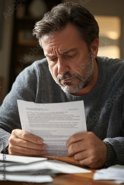 Fototapeta A man stares at a rejection letter for his unemployment claim, his hands gripping the paper