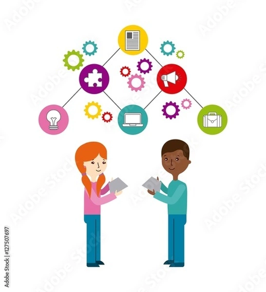 Fototapeta cartoon woman and man with communication icons over white background. vector illustration