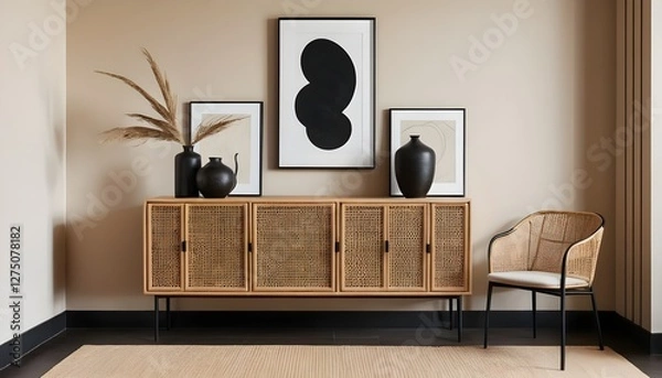 Fototapeta Modern Beige Living Room Interior with Rattan Cabinet and Abstract Art