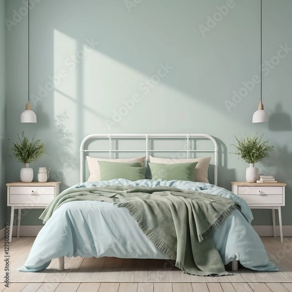 Fototapeta Serene Mint Green Bedroom Interior with White Metal Bed Frame