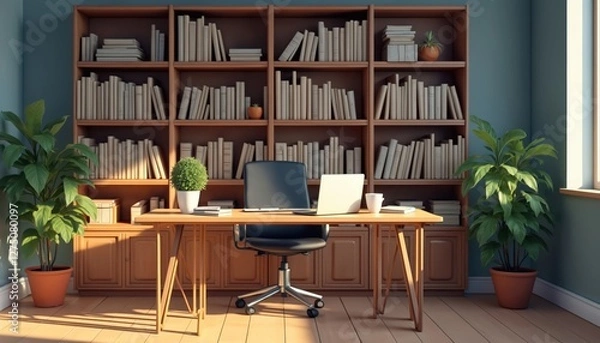Obraz Illustration of office room for zoom virtual background. Bookcase interior with books, potted plants, wooden desk, laptop, cup, chair. Clean pro home workspace for remote work, telecommuting. Meeting