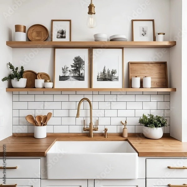Fototapeta Modern Farmhouse Kitchen Interior with White Cabinets and Wooden Shelving