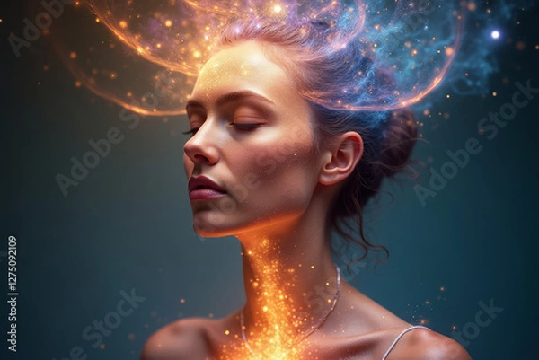 Fototapeta Enlightened woman with cosmic energy flowing through the mind and body in a surreal fantasy portrait