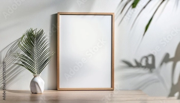 Fototapeta Stunning Wooden Frame Mockup with Passerelle on White Wall Showcasing Palm Leaves against a Warmtoned Backdrop, Perfect for Digital Art, Home Decor or Design Inspiration