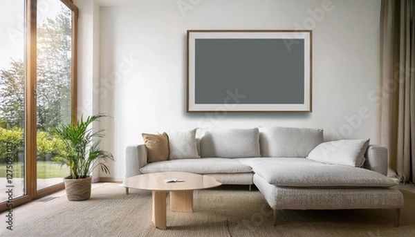 Fototapeta White Room Interior Showcasing Stunning Blank Frame Mockup, Perfect Canvas for Artwork Set Against Minimalist Backdrop, Inviting Creative Inspiration.