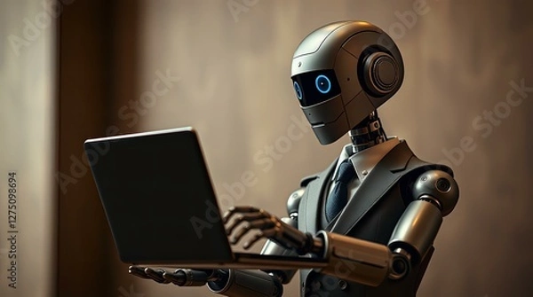 Obraz Robot in a Suit Working on a Laptop