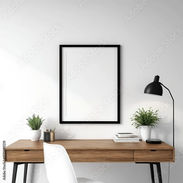 Fototapeta Modern Home Office Desk Setup with Blank Frame