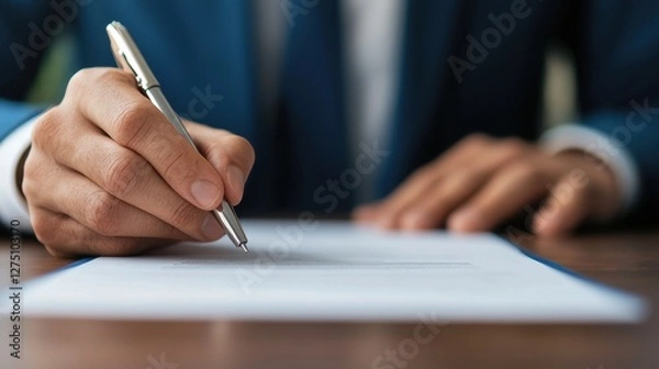 Fototapeta Law restriction compliance standards concept. A person in a suit is writing with a pen on a blank sheet of paper, emphasizing professionalism and focus.