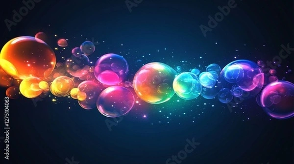 Fototapeta 95.Dynamic cluster of colorful soap bubbles, varying in size and glowing with refracted rainbow colors, suspended in mid-air on a dark background.