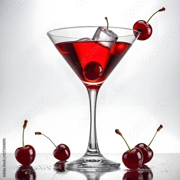 Fototapeta Red Cocktail with Cherries and Ice