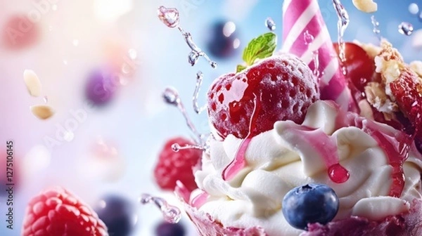 Fototapeta Colorful dessert with whipped cream, berries, and a party hat, splashing in a vibrant background
