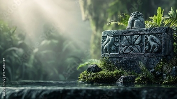 Fototapeta Ancient stone altar surrounded by lush jungle vegetation, illuminated by soft sunlight beams